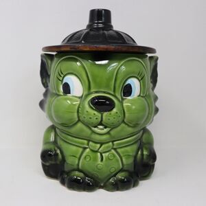 VTG Green Cat Kitten Orange Bow Tie w/ Hat Cookie Jar MCM Japan 1960’s 10”